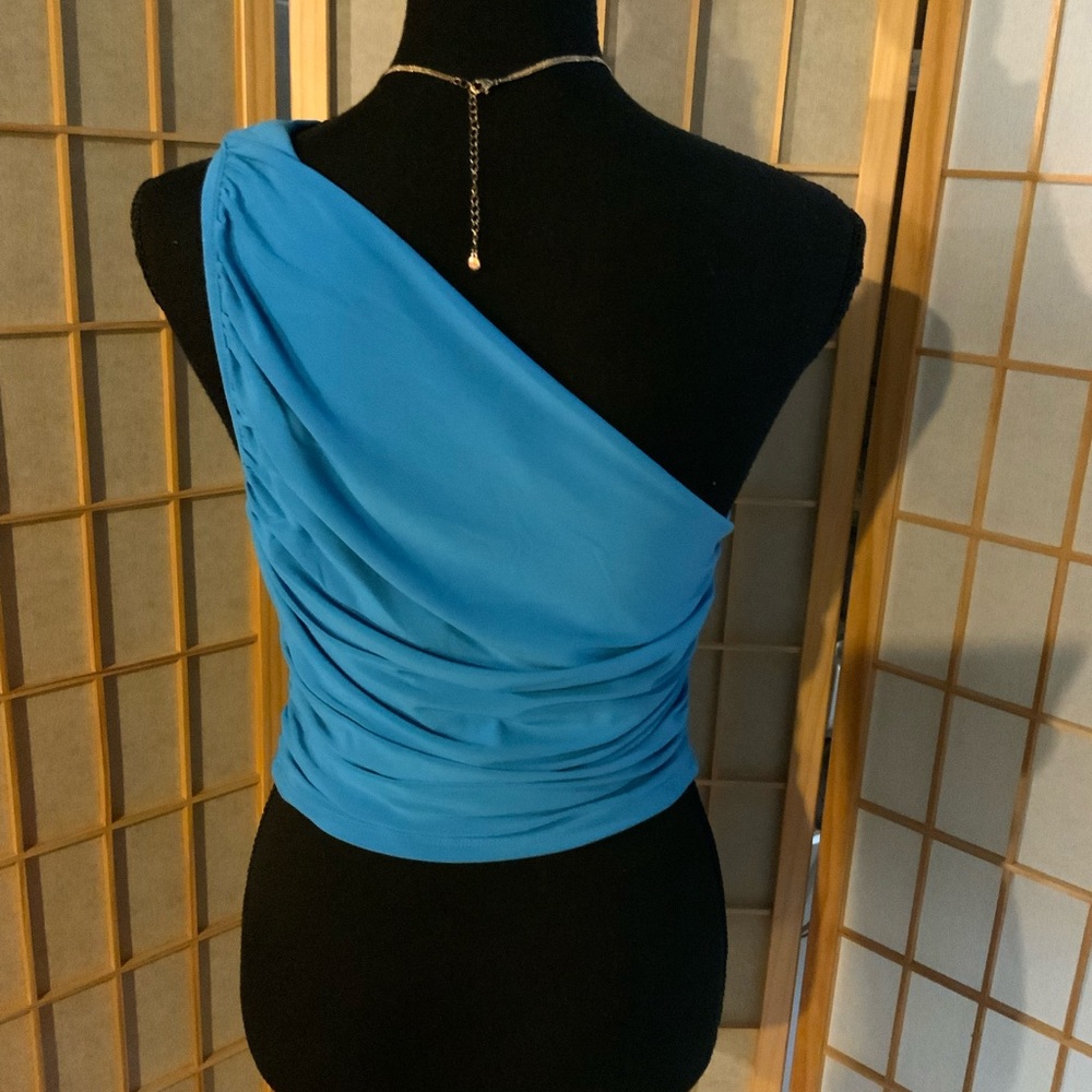Express One-Shoulder Blue Ruched Crop Top - Picture 3 of 6